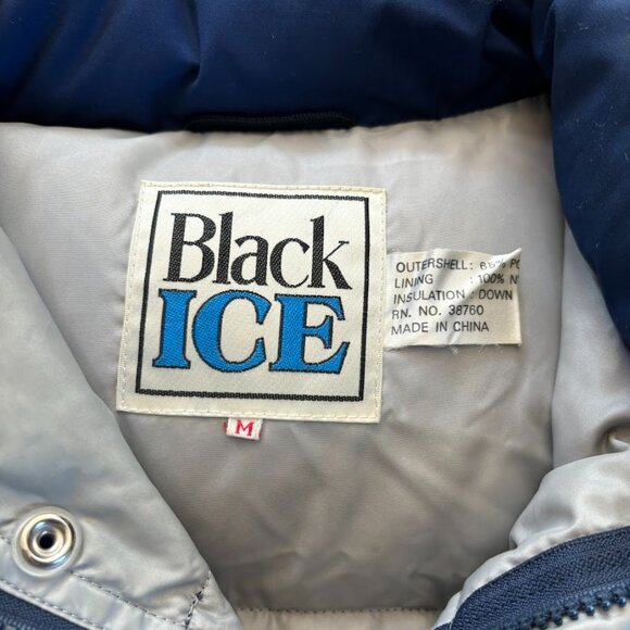 Vintage Black Ice Down Filled Blue Puffer Vest Mens M Hideaway Hood Outdoor Camp - Picture 7 of 10